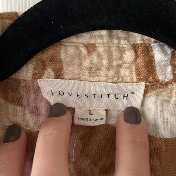 Lovestitch‎ 100% Cotton Gauze Tan and Pink Camo Button Down Shirt Sz L - Picture 4 of 7